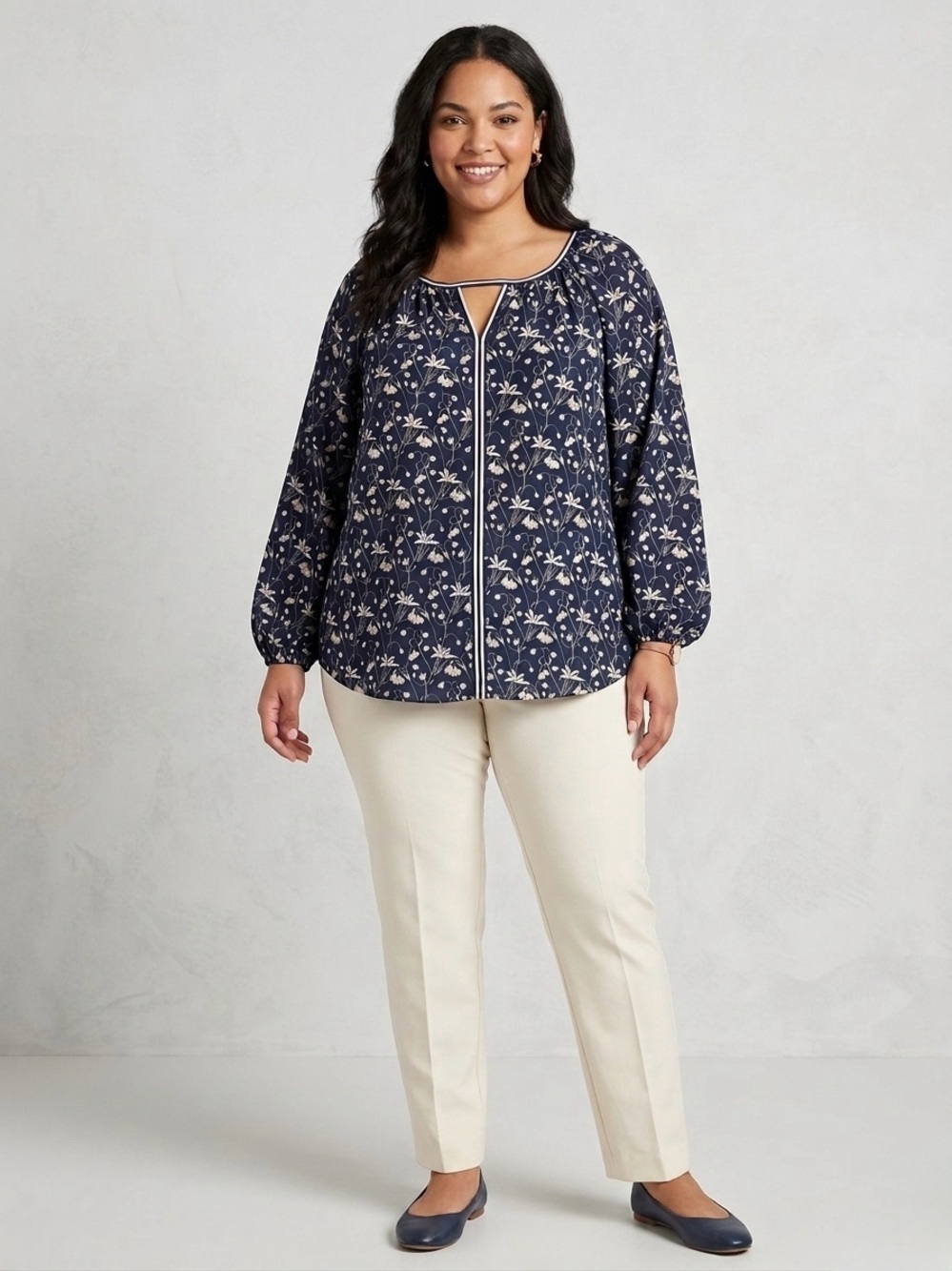 Max Studio NEW Floral Boho Peasant Top XL Balloon Sleeves Lightweight Blue Cream
